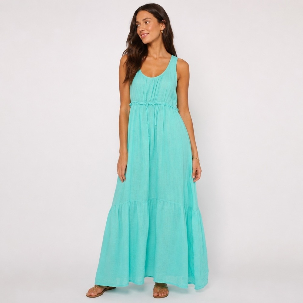 120% Lino Linen Maxi Dress Womens S Green Resort Casual Coastal Tie Waist Summer